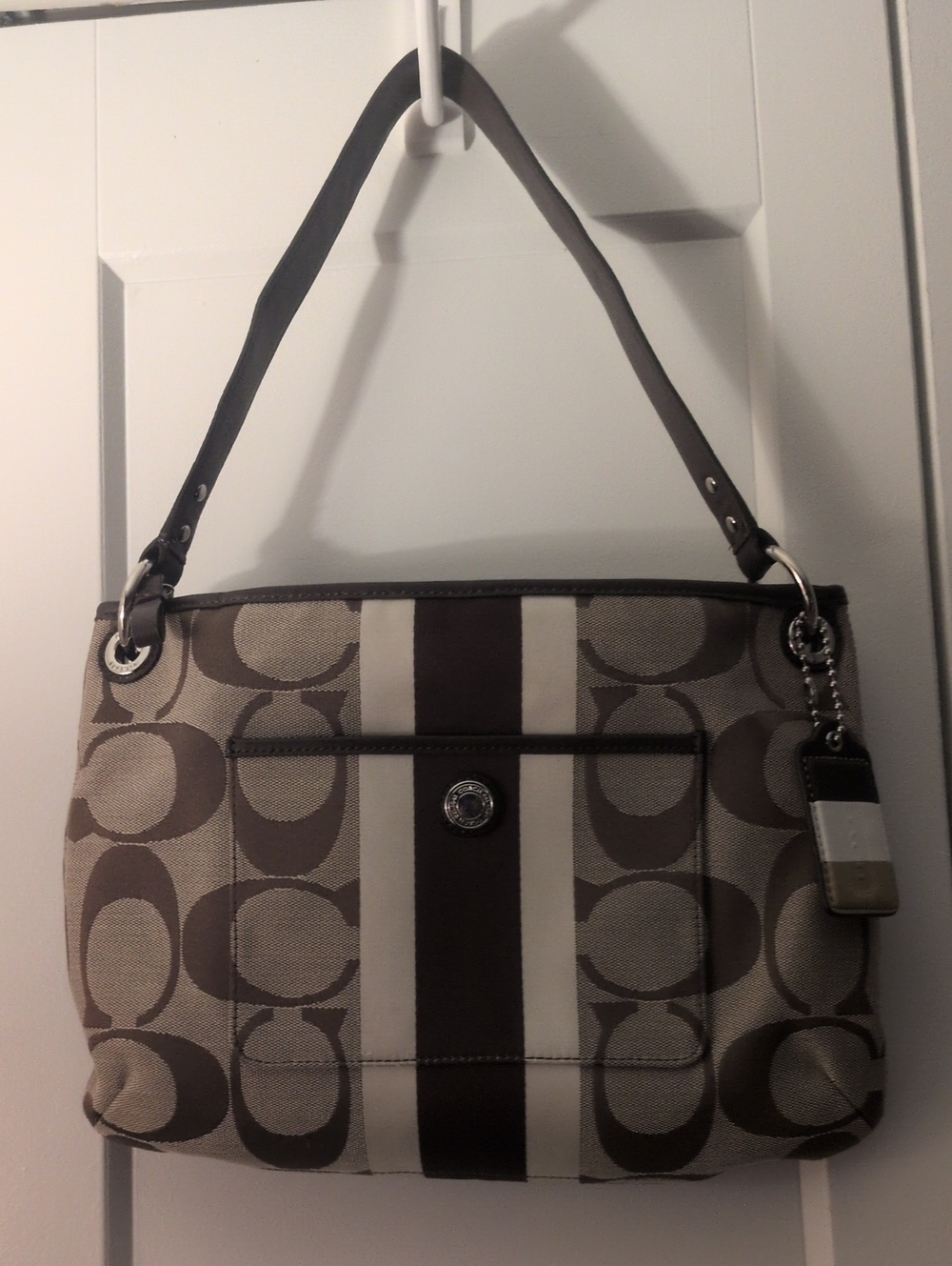 Coach Hampton Khaki and Chocolate Signature Stripe Shoulder Bag